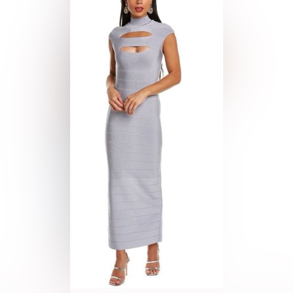 HERVE LEGER  Icon Cap-Sleeve Cut-Out Gown - Pewter NWT